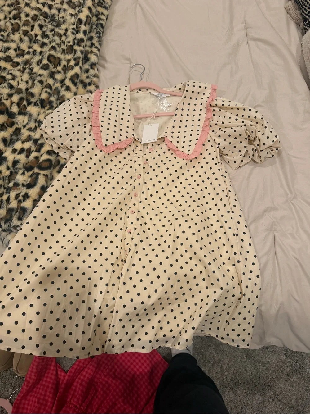 Polka Dot Button-Front Blouse Dress with Pink Trim Collar